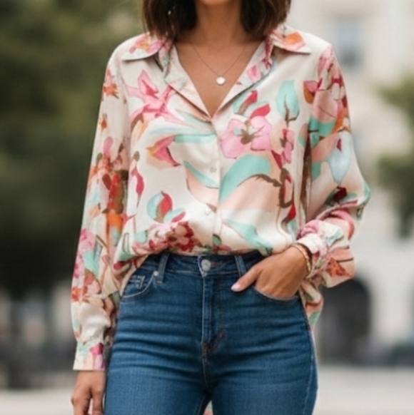 Zara Tops - Zara Cream Pink Teal Floral Long Sleeve Button-Down Collared Blouse, Size Medium